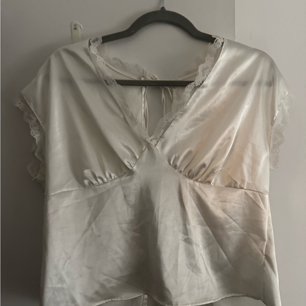Commense White Satin Blouse with Lace Trim